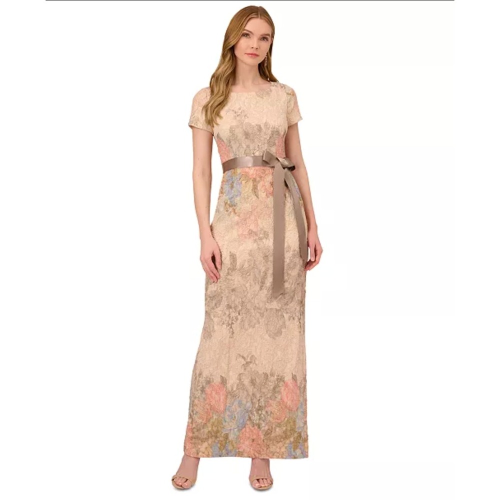 Adrianna Papell Metallic Floral Matelassé Column Gown Size 8 Champagne Gold